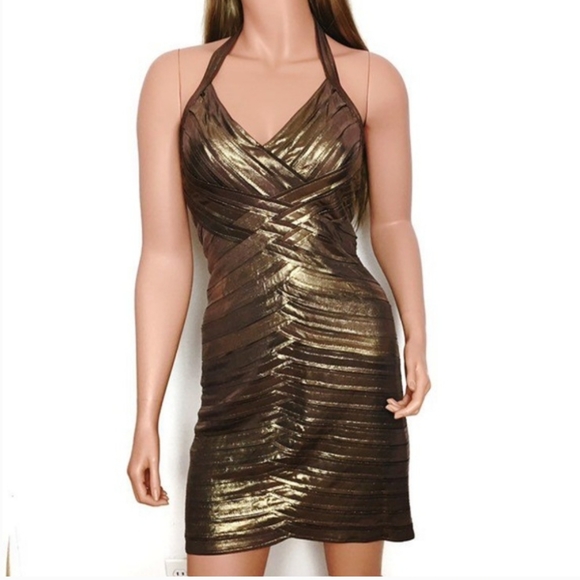 BCBGMaxAzria Metallic Gold Halter Mini Dress - Picture 2 of 14